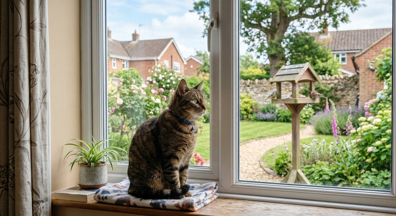 Cat sitting at a window overlooking a garden