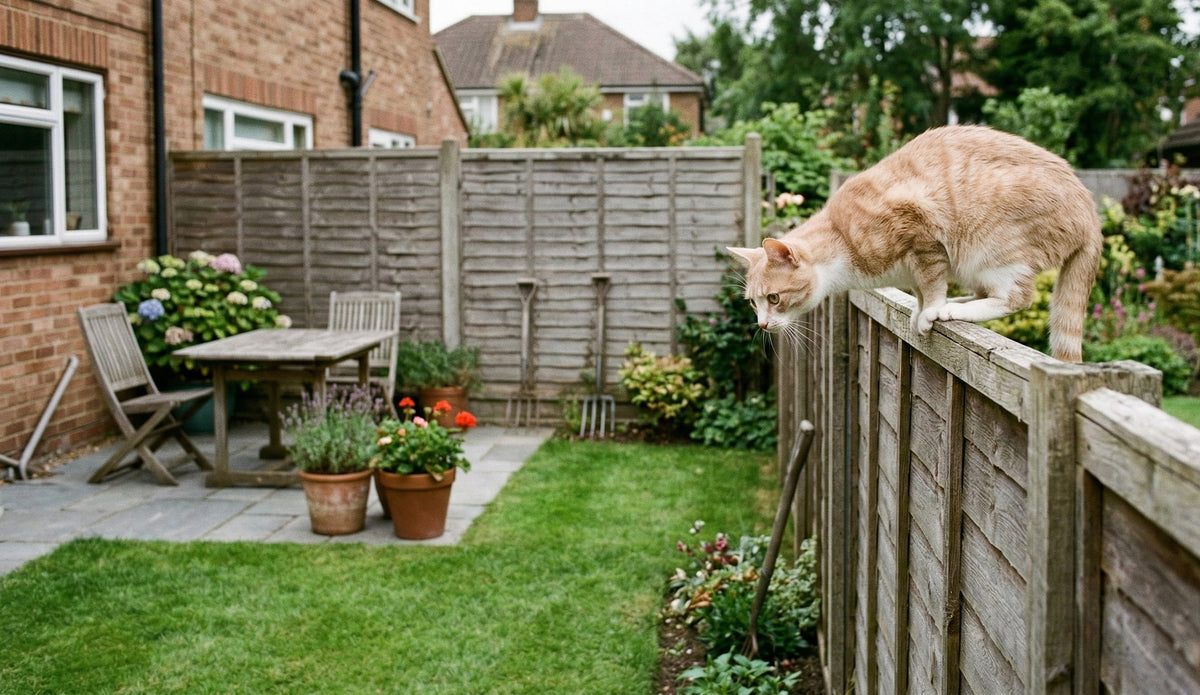 A cat near a garden fence