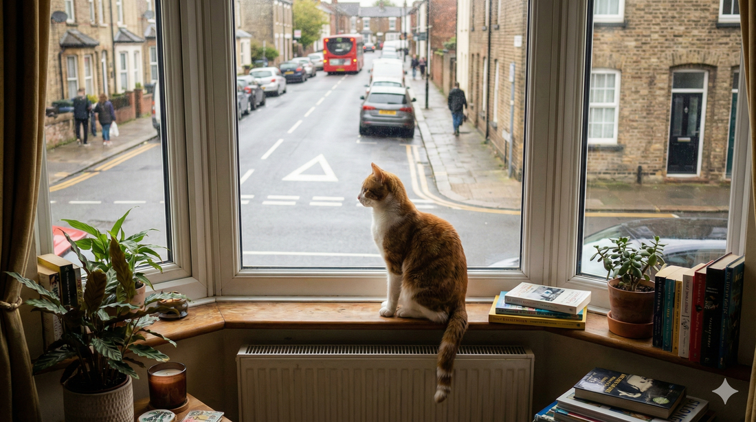 Indoor cat looking out a window at a busy UK road.