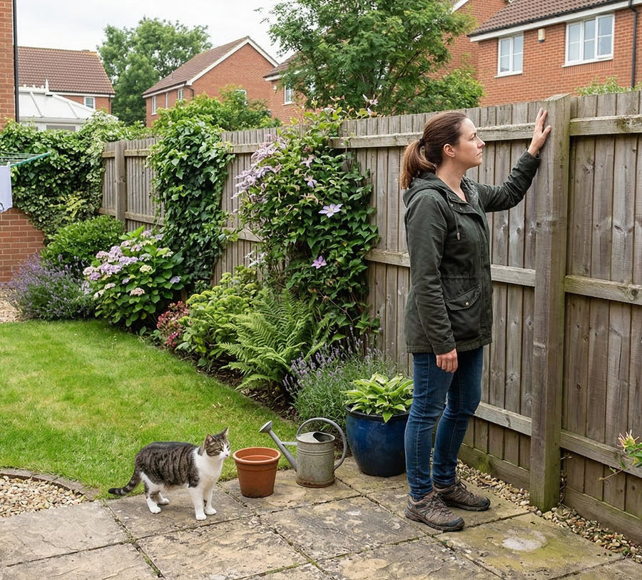 Lady looking at fence in uk garden with cat