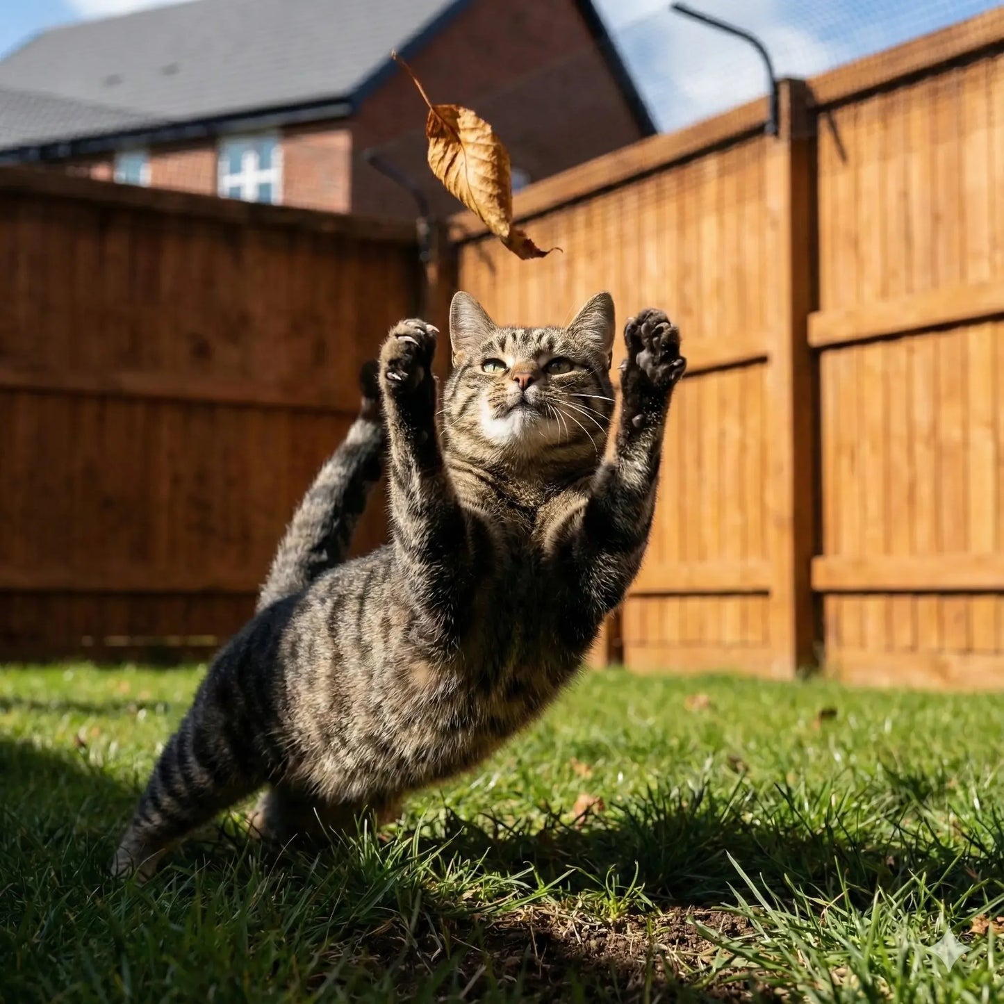 Cat playing with a leaf in a backyard