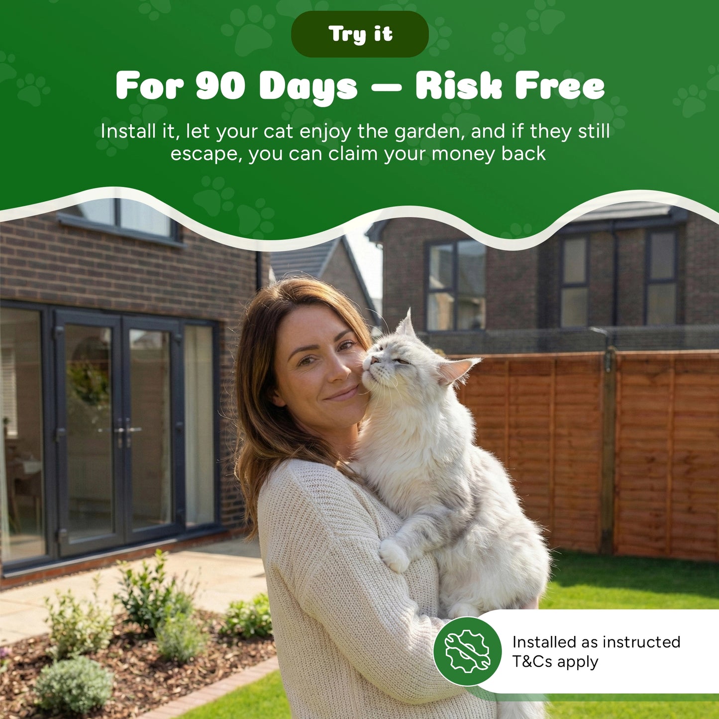 Woman holding a cat in a garden with promotional text about a 90-day risk-free offer.
