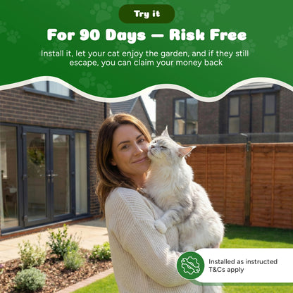 Woman holding a cat in a garden with promotional text about a 90-day risk-free offer.