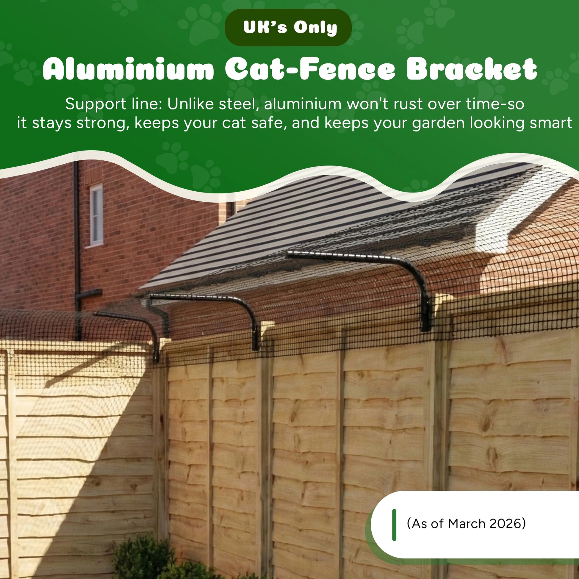 Aluminium cat-fence bracket on a wooden fence with promotional text about its benefits.