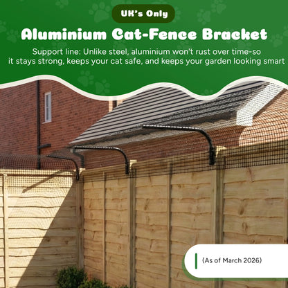 Aluminium cat-fence bracket on a wooden fence with promotional text about its benefits.